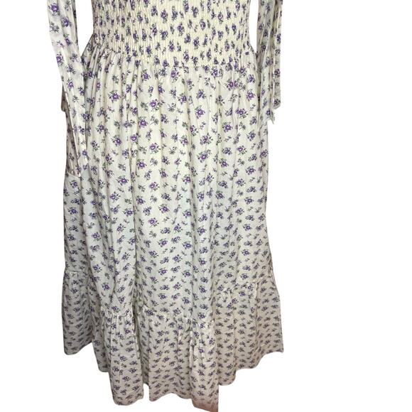 English Factory Floral Maxi Dress Lrg White Purple Smocked Midi Boho Cottage Bow - Picture 8 of 14
